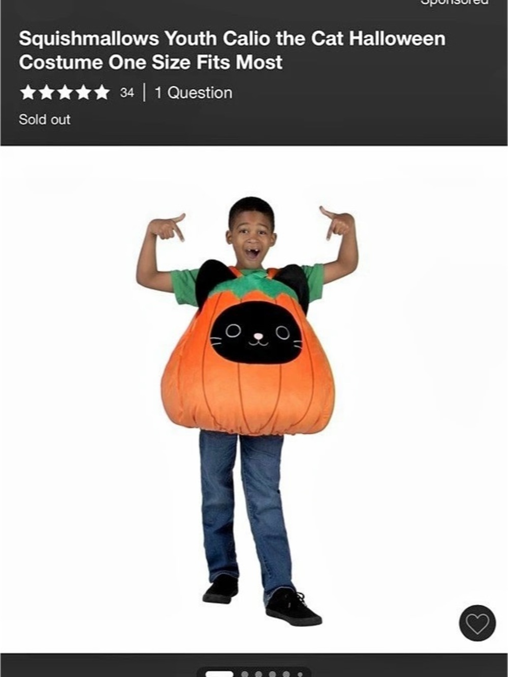 Squishmallows Youth Calio the Cat Halloween Costume Orange & Black